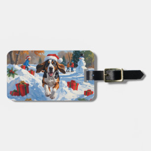 Bluetick Coonhound springer i snö med jul Bagagebricka