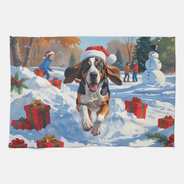 Bluetick Coonhound springer i snö med jul  Kökshandduk (Horisontell)
