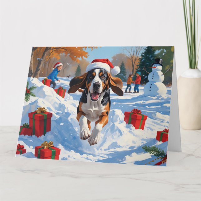 Bluetick Coonhound springer i snö med jul  Kort (Framsida)