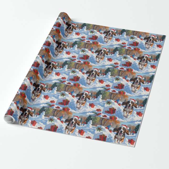 Bluetick Coonhound springer i snö med jul  Presentpapper (Utrullad)
