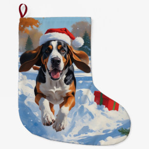 Bluetick Coonhound springer i snö med jul Stor Julstrumpa