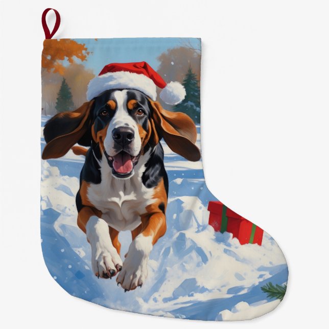 Bluetick Coonhound springer i snö med jul  Stor Julstrumpa (Framsidan)