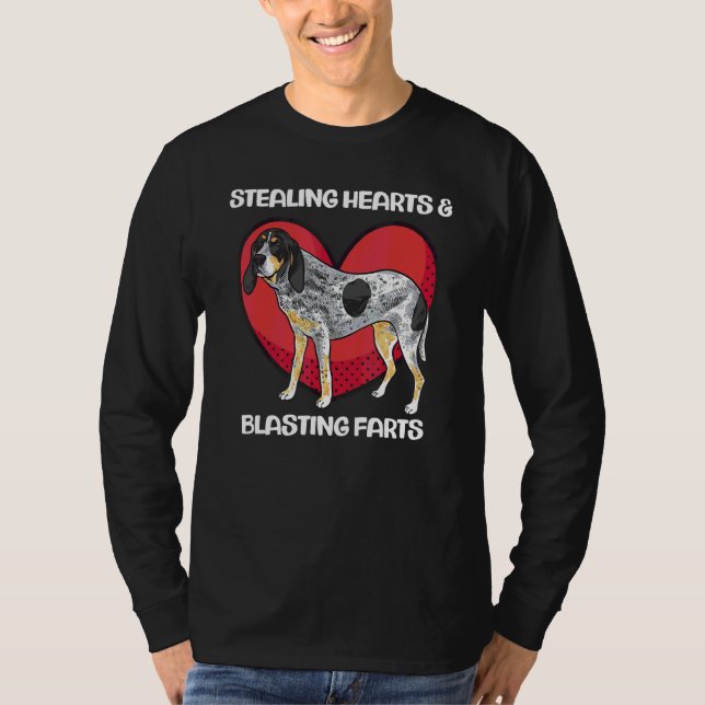 Bluetick Coonhound Stjäl Hjärtan & Sprutar Fart T Shirt (Framsida)