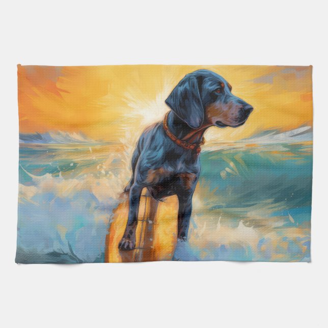 Bluetick Coonhound Strand Surfing Måleri Kökshandduk (Horisontell)