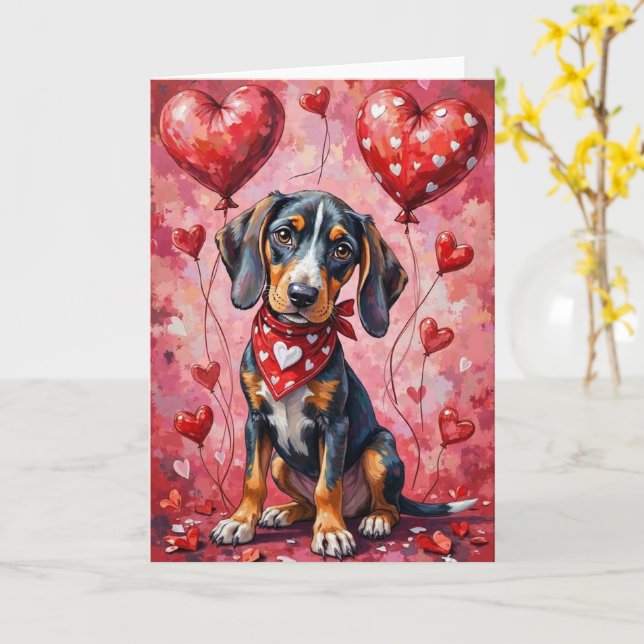 Bluetick Coonhound Valentine Dog Sitting Kort (Gul blomma)