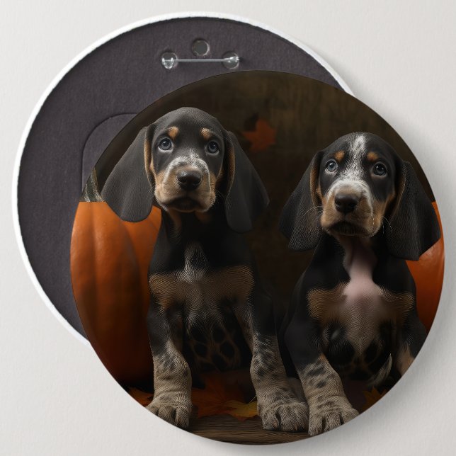 Bluetick Coonhound Valp Höstglädje Pumpa  Knapp (Framsida & baksida)