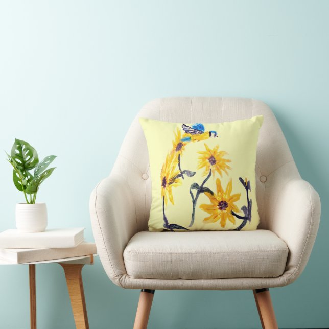 Bluetit, Gult Sunwers, Blommigt Kudde (Stol)