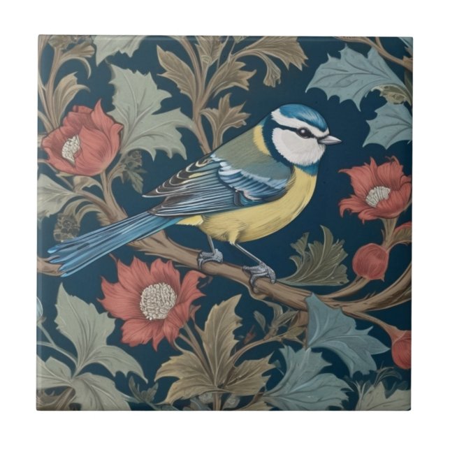 Bluetit William Morris stil Höger Bird Blue Tit Kakelplatta (Framsidan)