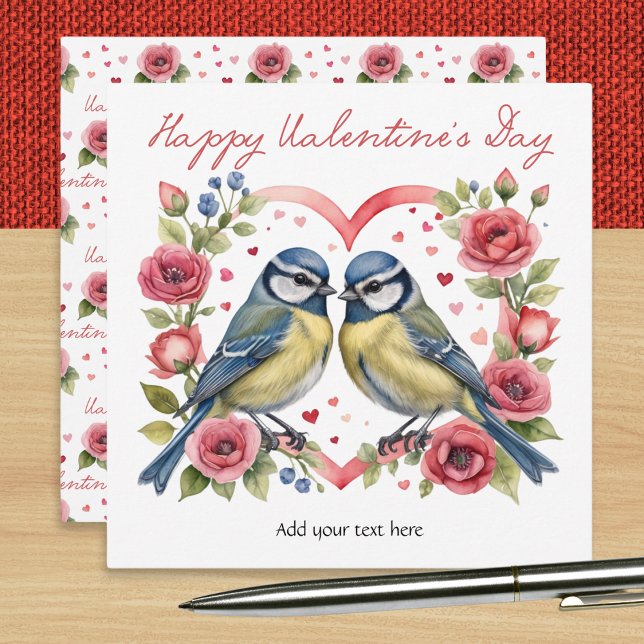 Bluetits Kärlek Hearts Ro Birds Valentine Day Julkort (A personalized Valentine's Day card with picture of two bluetits with love hearts and pink roses)