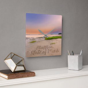 Bluffton State of Mind Skriven i sanden SC Beach Fyrkantig Klocka