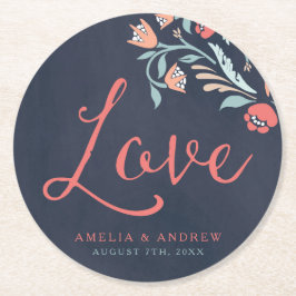 Bluish Chalkboard Blommigt Kärlek Bröllop Underlägg Papper Rund