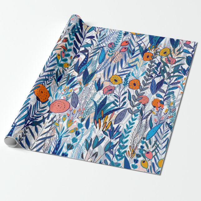 Bluish Floral Garden Presentpapper (Utrullad)