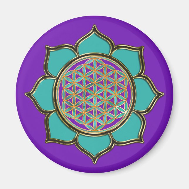 Blume des Lebens Lotus - türkis / lila Magnet (Framsidan)