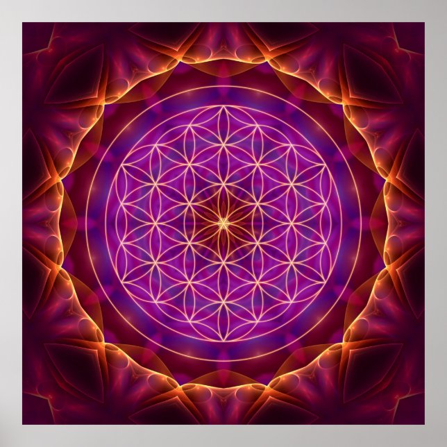 Blume des Lebens mit Lila-goldenem Mandala Poster (Framsidan)