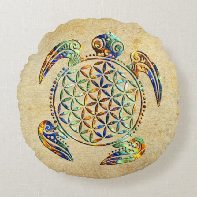 Blume des Lebens - sköldpaddans färgad Rund Kudde (Framsidan)