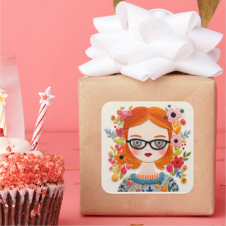 Blurber. Rödhårig Girl Nerd Sticker Fyrkantigt Klistermärke