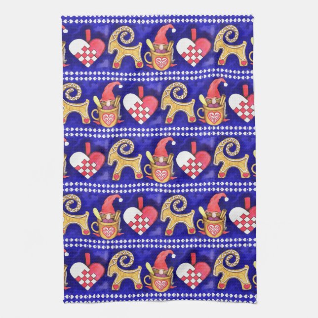 Blurvit och röd svensk julvattenfärg kökshandduk (Vertikal)