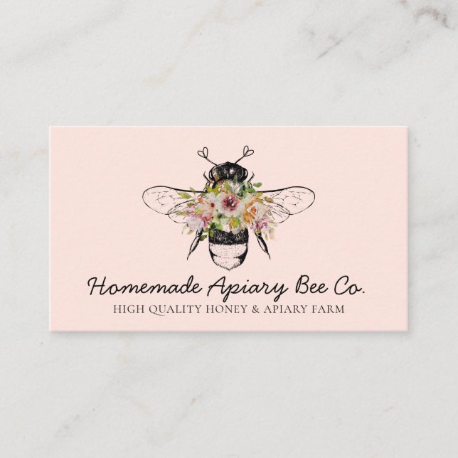 Blus Rosa Cute Hearts Blommigt Apiary honey Bee Visitkort (Framsida)
