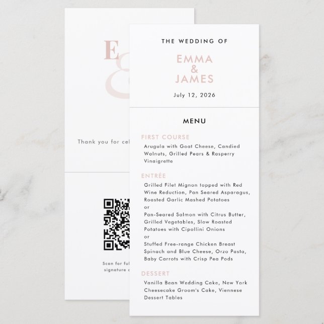 Blush Ampersand Bröllop | QR-kod | Elegant Meny (Fram/baksida)