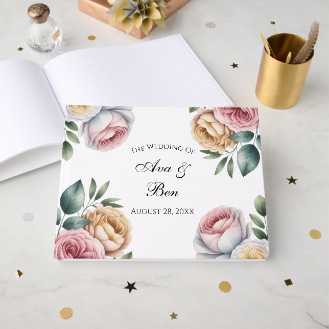 Blush and Ivory Rose Floral Wreath Wedding Gästböcker (Framsida Öppen)