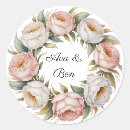 Blush and Ivory Rose Floral Wreath Wedding Runt Klistermärke