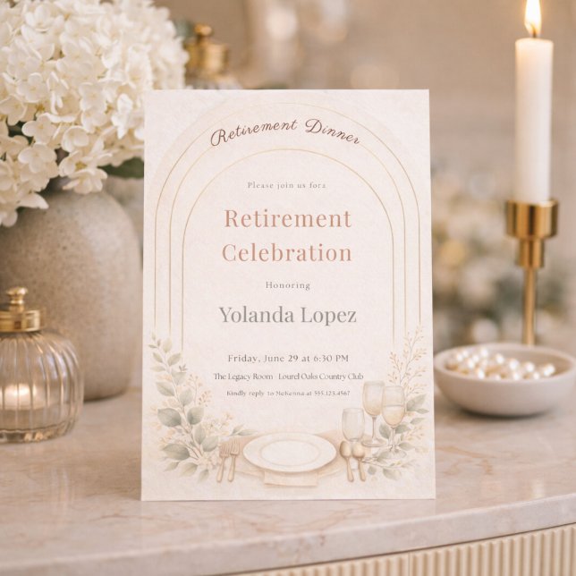 Blush Arch Retirement Invitation Inbjudningar (Blush arch with soft botanicals for a refined retirement dinner gathering)