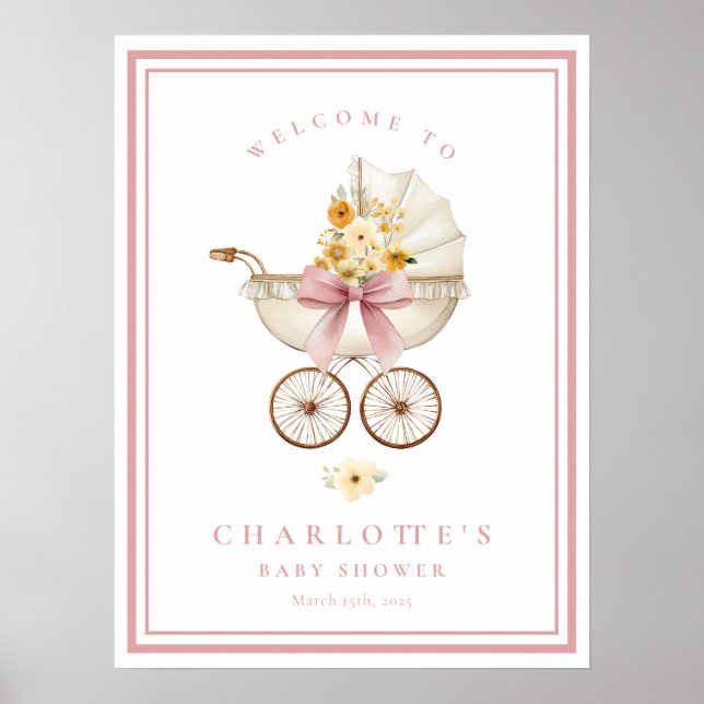 Blush Baby Shower Welcome Poster | Vintage Pram (Framsidan)