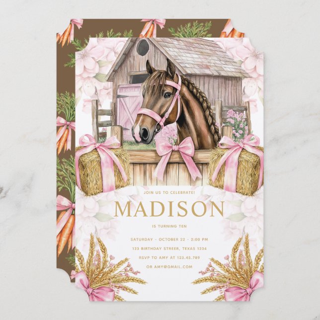 Blush Barn Horse Birthday Invitation for Girls Inbjudningar (Fram/baksida)
