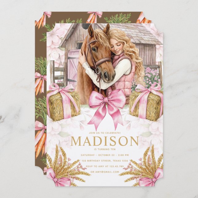 Blush Barn Horse Birthday Invitation with Girl Inbjudningar (Fram/baksida)