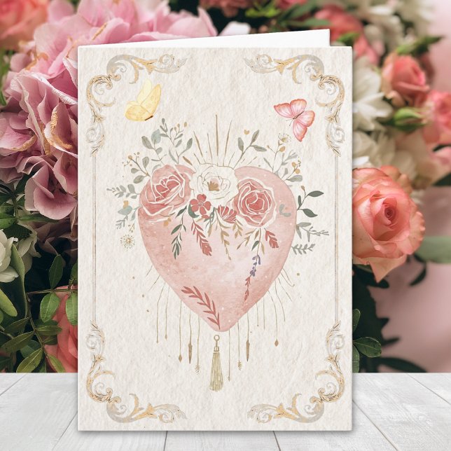 Blush Baroque Floral Sacred Heart Happy Valentines Kort (Skapare uppladdad)