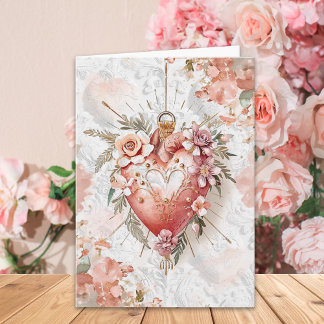 Blush Baroque Floral Sacred Heart Valentine’s Day Kort