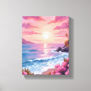 Blush Beach Bay Ocean Solnedgång Rosa Akvarell Canvastryck