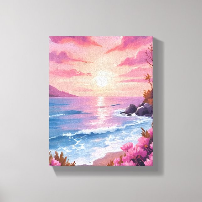 Blush Beach Bay | Ocean Solnedgång Rosa Akvarell Canvastryck (Framsida)