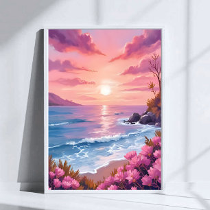 Blush Beach Bay Ocean Solnedgång Rosa Akvarell Poster