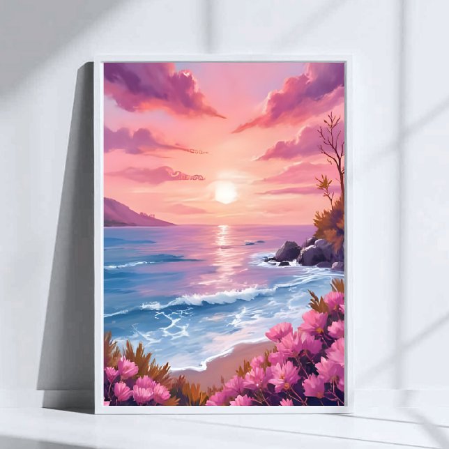 Blush Beach Bay | Ocean Solnedgång Rosa Akvarell Poster (Skapare uppladdad)