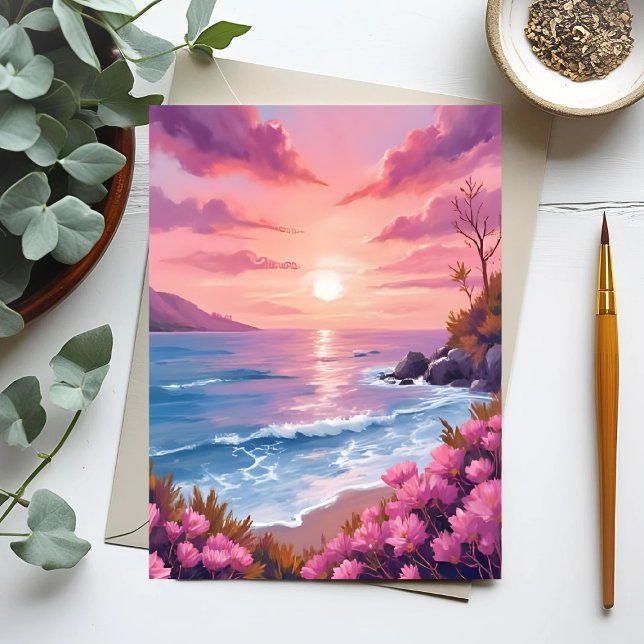 Blush Beach Bay | Ocean Solnedgång Rosa Akvarell Vykort (Skapare uppladdad)