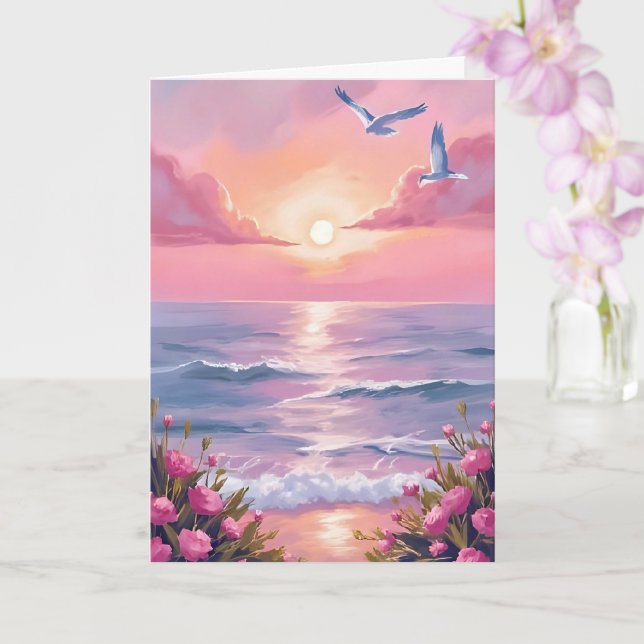 Blush Beach | Rosa havets solnedgång Kustkort Kort (Orkide)