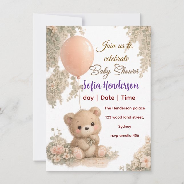 Blush  Bear Soft Water colour floral baby shower Inbjudningar (Framsida)