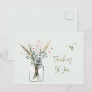 Blush Blå Blommor Kruka Fjäril Tänker På Dig Vykort