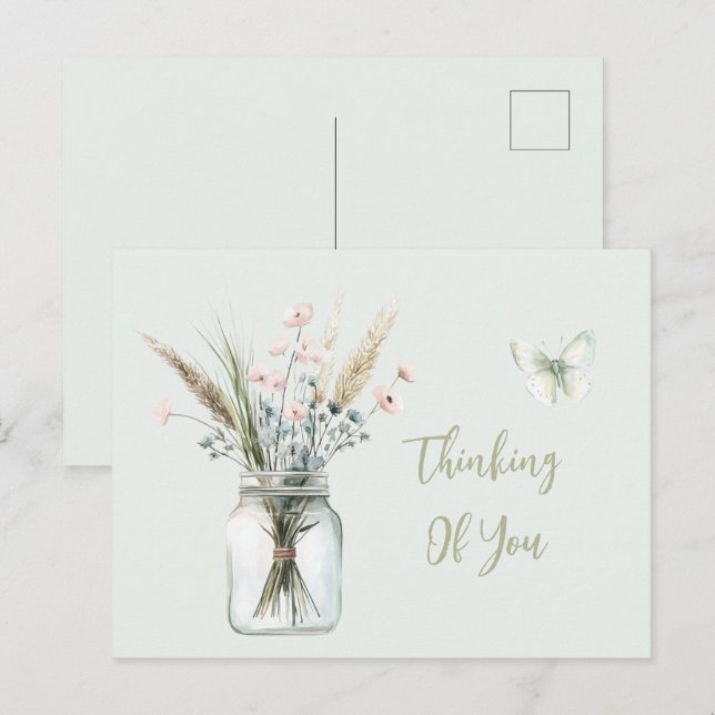 Blush Blå Blommor Kruka Fjäril Tänker På Dig Vykort (Fram/baksida)