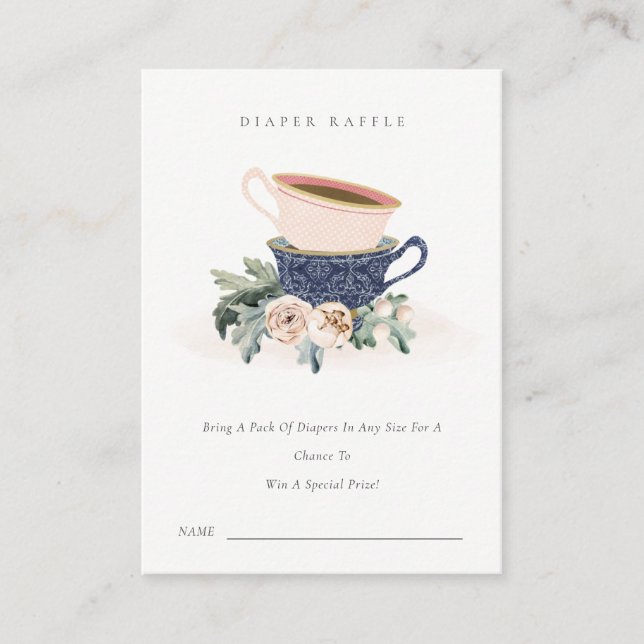 Blush Blå Kopp Floral Blöjrea Barnkalas Tilläggskort (Framsida)