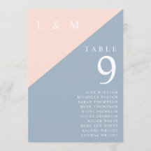 Blush Blå Monogram Bordnummer Sittplatskarta