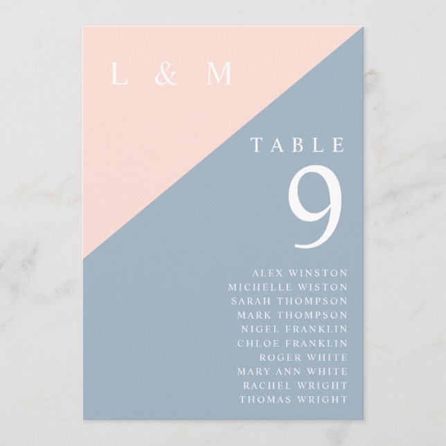Blush Blå Monogram Bordnummer Sittplatskarta Inbjudningar (Framsida)