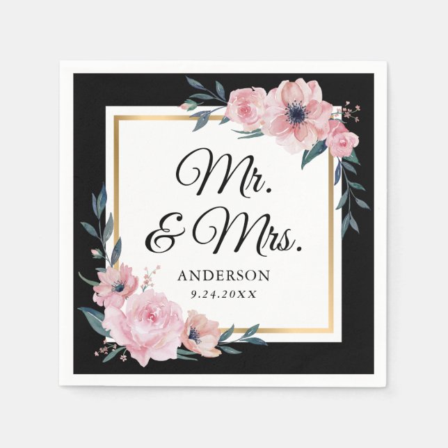 Blush Black Gold Floral Mr. & Mrs. Wedding Pappersservett (Framsidan)