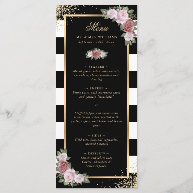 Blush Black White Gold Confetti Floral Wedding Meny (Framsida)