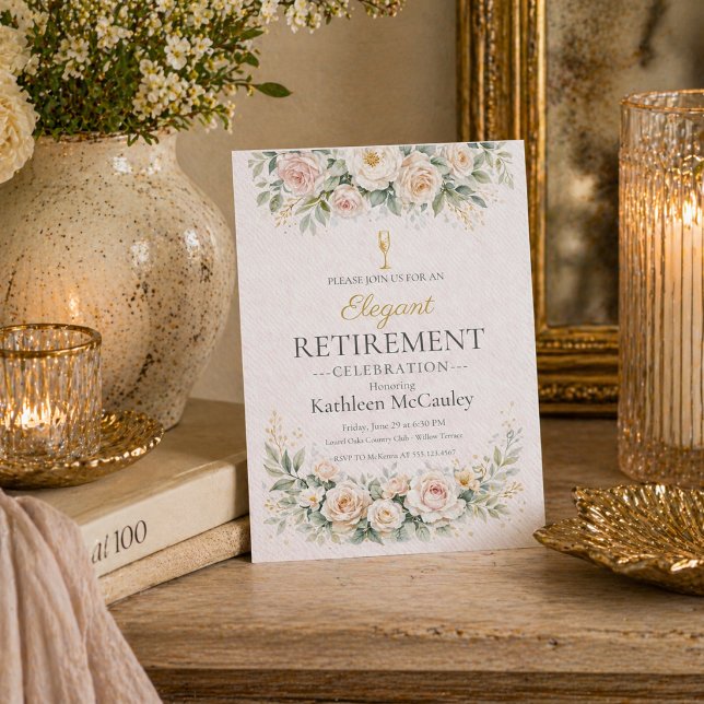 Blush Blommig Avskedsinbjudan Inbjudningar (Blush floral farewell with champagne accents for a refined retirement dinner gathering)
