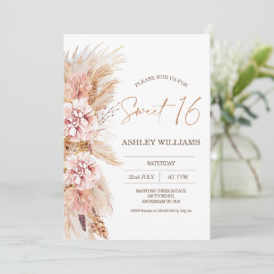 Blush Blommig Boho Pampas Gräs Sweet 16 Födelsedag Inbjudningar
