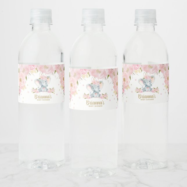 Blush Blommig Elefant Bebis Shower Vattenflaskor Etikett (Flaskor)