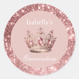 Blush Blommig Glitter Tiara Krona Quinceañera Runt Klistermärke