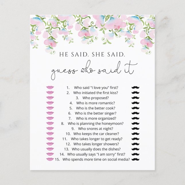Blush Blommig Han Sa Hon Sa Gissa Spelkort (Framsida)